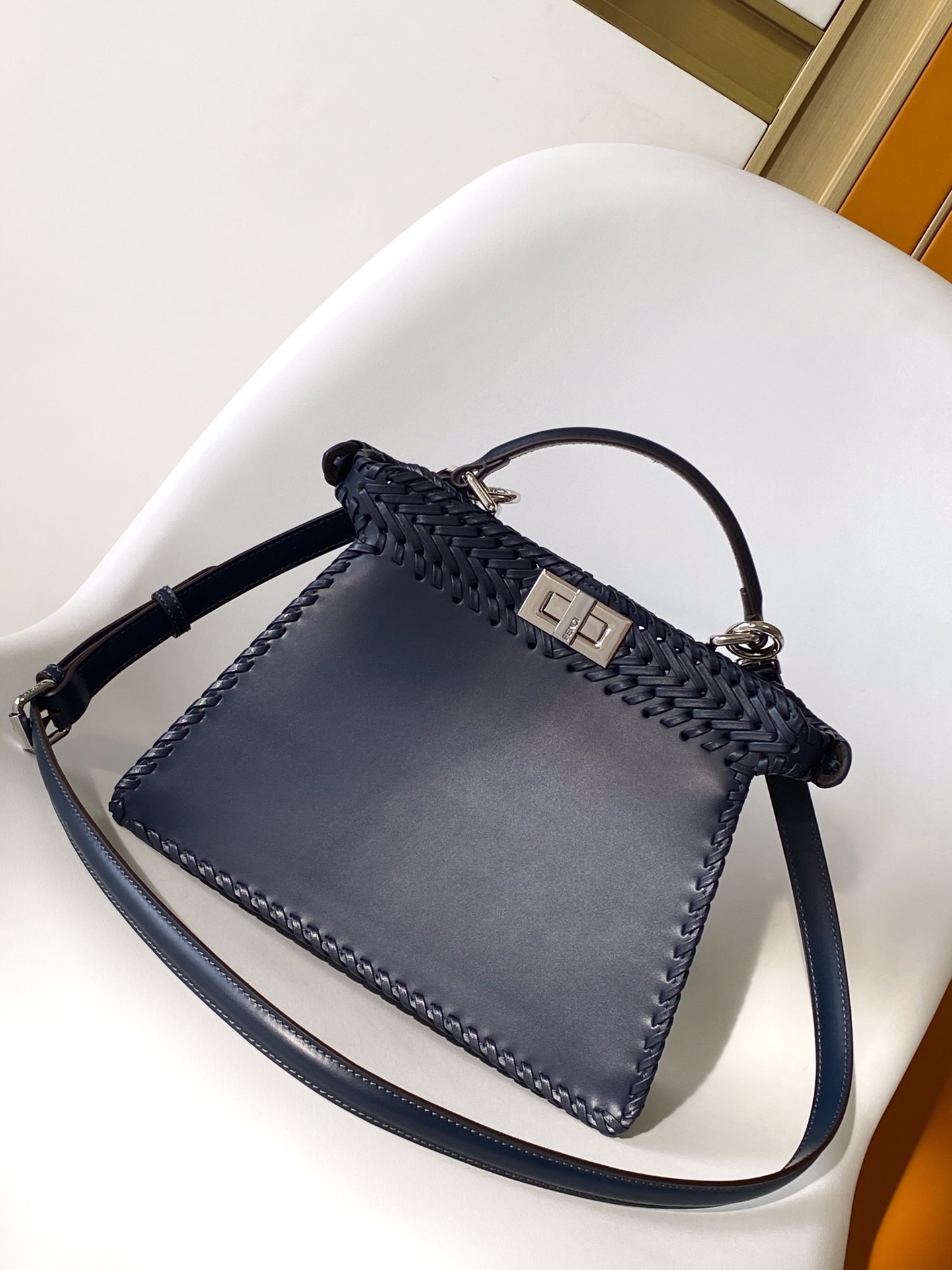 Fendi Peekaboo ISeeU Small Navy Blue Interlace Leather Bag